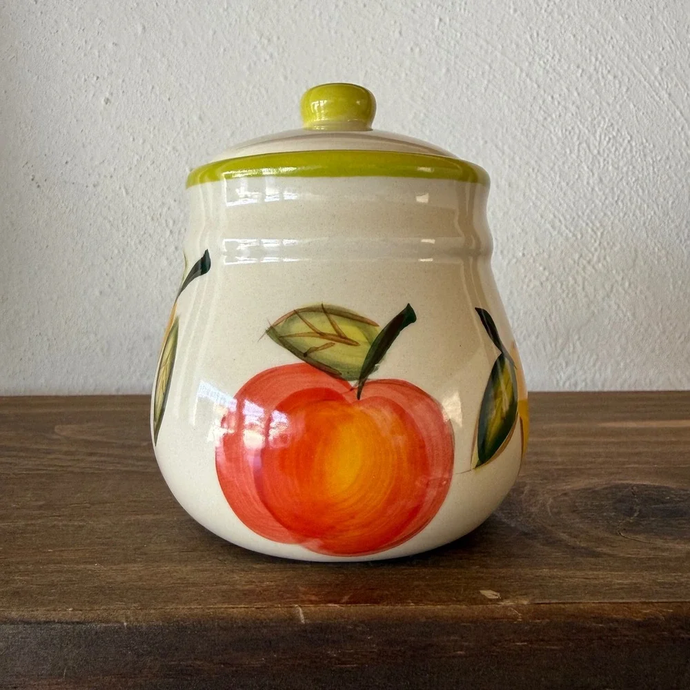 ALCO Industries Fruit Canister Set of 6 w Wood Spice Rack Lidded Ceramic Kitchen